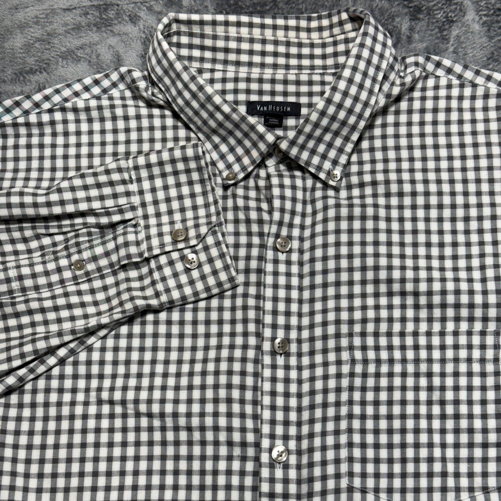 Van Heusen Button Down Men 3XL Black White 50Y4614 Gingham Shirt